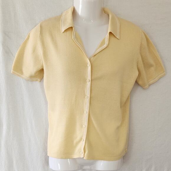 Van Heusen For Her VTG Yellow & White Short Sleeve Knit Collard Blouse W Sz Med - Picture 1 of 11